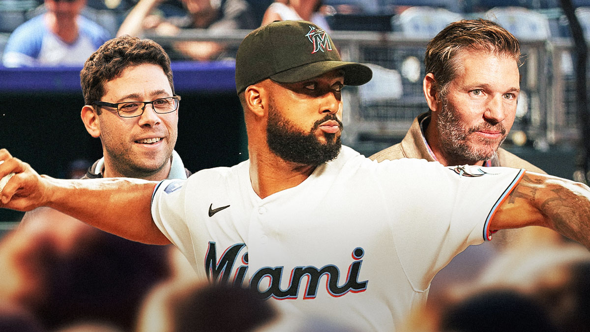 Miami Marlins president of baseball operations Peter Bendix on left side, Miami Marlins starting pitcher Sandy Alcantara pitching in center, Miami Marlins manager Clayton McCullough on right side, LoanDepot Park (home stadium of the Miami Marlins) in background
