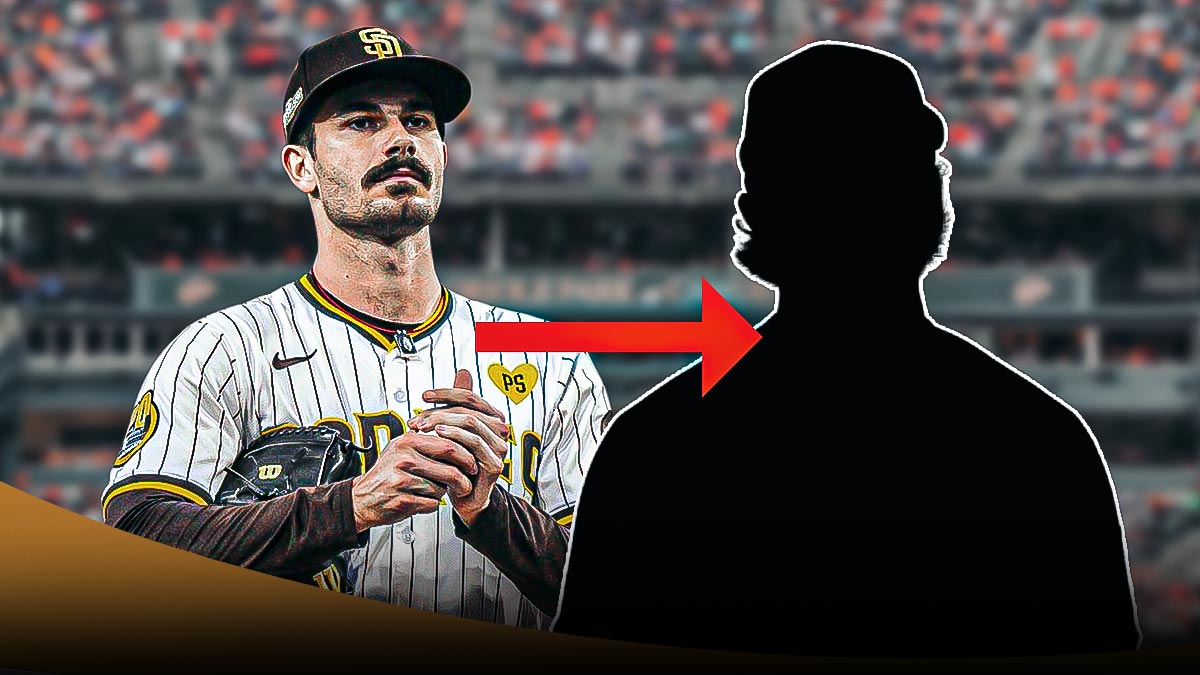 Dylan Cease (Padres) and silhouette of Orioles' Heston Kjerstad with arrows between them indicating a trade. Background Camden Yards (Baltimore).