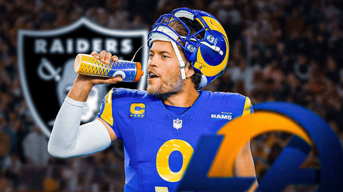 Raiders logo next to Matthew Stafford and Rams logo.