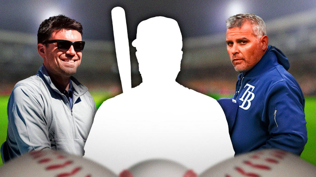 Blank player silhouettes with question marks in center, Tampa Bay Rays general manager Erik Neander on left side, Tampa Bay Rays manager Kevin Cash on right side, Steinbrenner Field (temporary home stadium of the Tampa Bay Rays) in background
