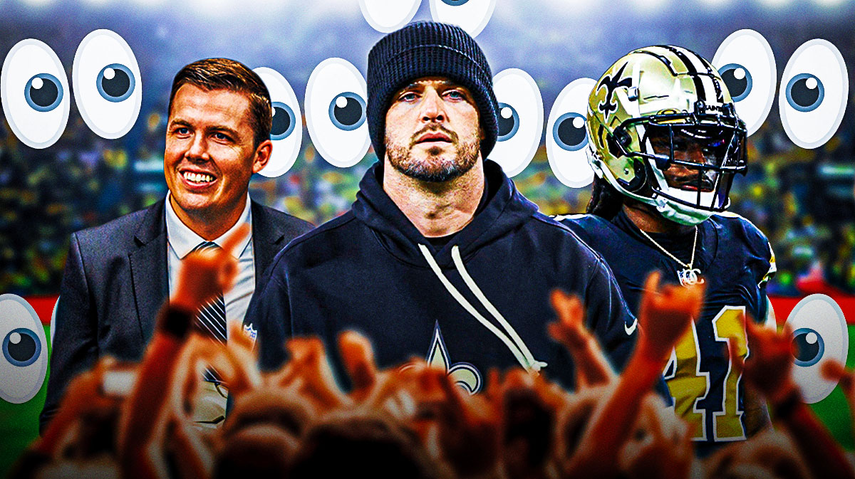 Derek Carr in the middle, Coach Kellen Moore and Alvin Kamara beside him, 👀 👀 👀 in the background