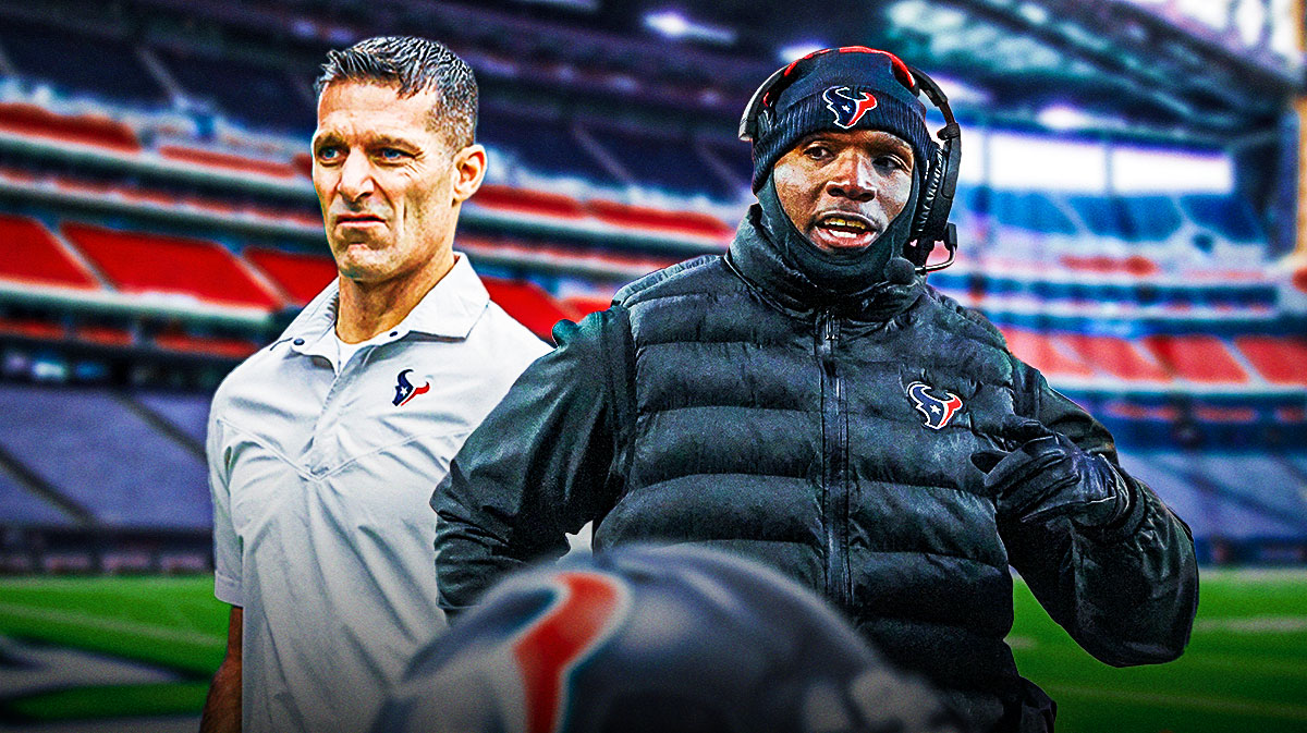 DeMeco Ryans and Nick Caserio next to Texans logo.