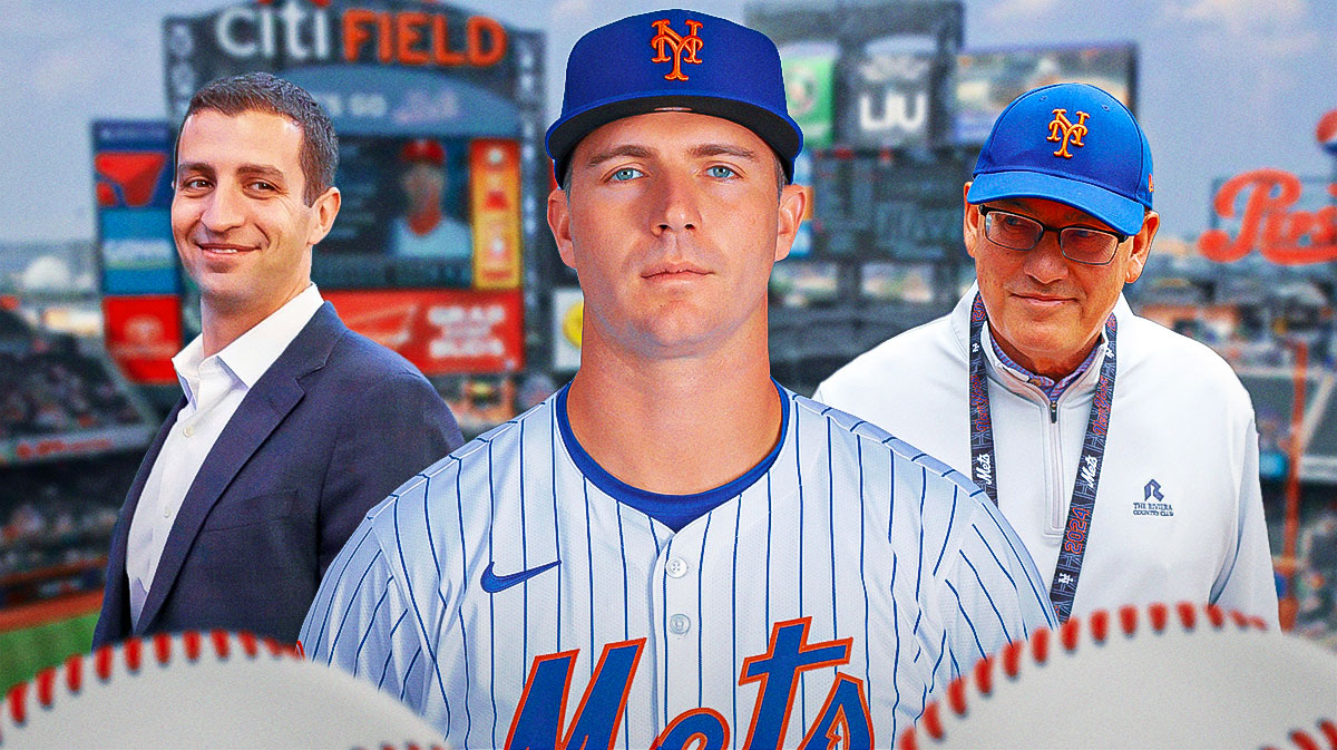 Pete Alonso front and center. David Stearns behind to right. Steve Cohen behind to left