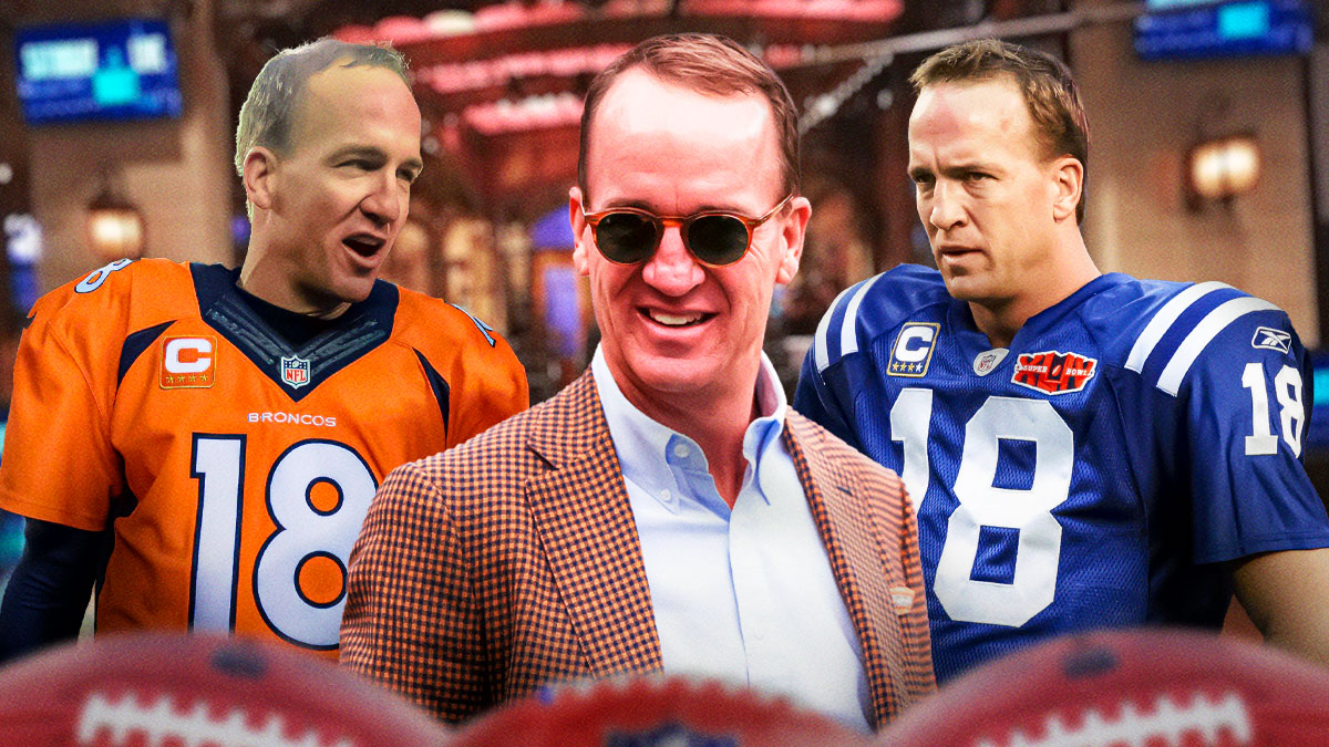 Peyton Manning in between him in a Denver Broncos and Indianapolis Colts uniform with Studio 8H background, where the SNL 50th anniversary special was filmed.
