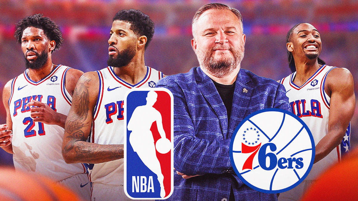 Joel Embiid, Daryl Morey, Paul George and Tyrese Maxey with NBA and 76ers logos.