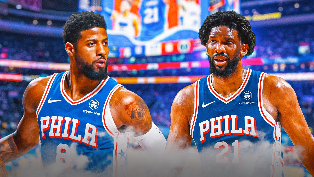 Paul George Joel Embiid in front of the 76ers stadium.