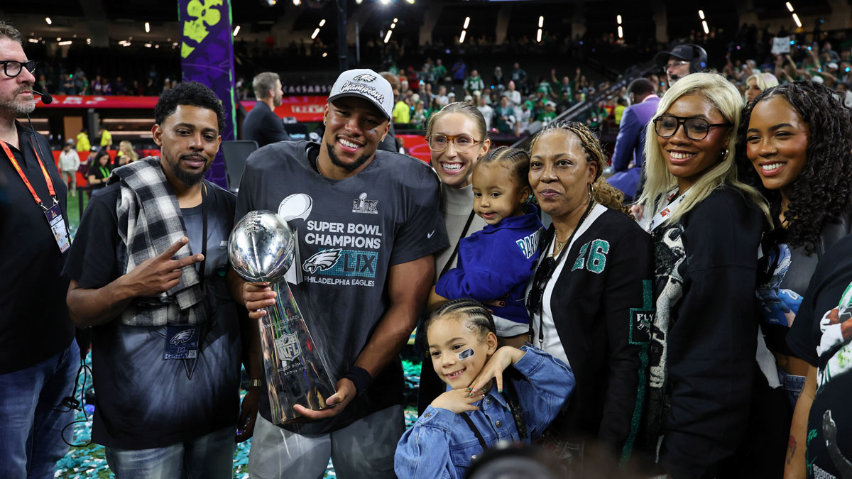 Philadelphia Eagles running back Saquon Barkley (26) celebrates after winning Super Bowl LIX at Caesars Superdome.