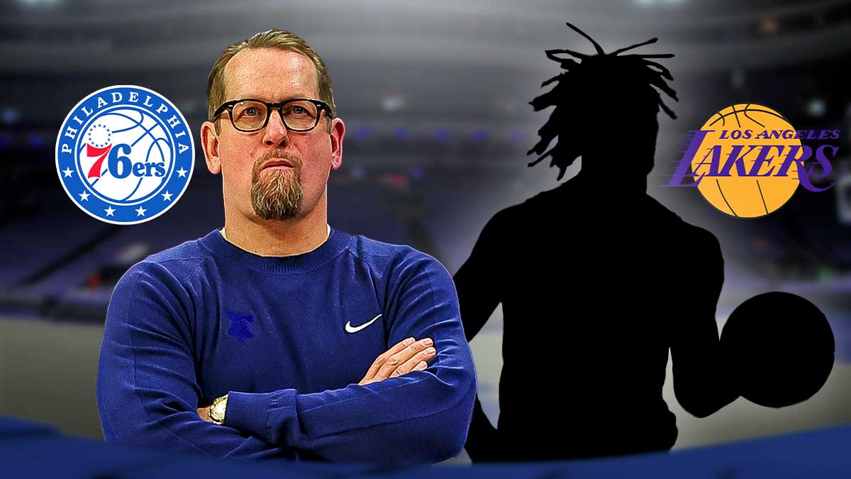 Nick Nurse, Silhouette of Jalen Hood-Schifino, Philadelphia 76ers and LA Lakers logo