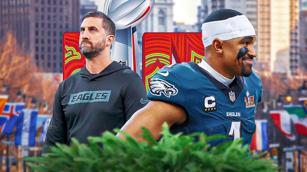 Philadelphia Eagles QB Jalen Hurts next to head coach Nick Sirianni. The city of Philadelphia, Pennsylvania is in the background. There is also a logo for Super Bowl 59.