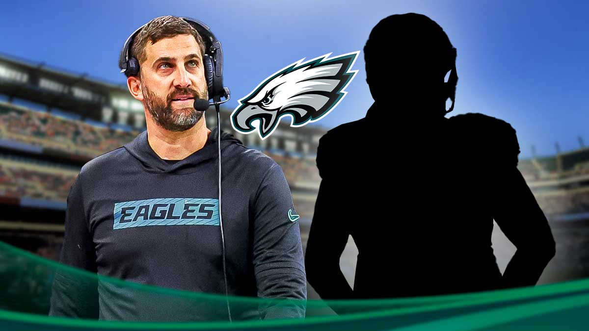 Nick Sirianni, silhouette of Nick Gates, Philadelphia Eagles logo