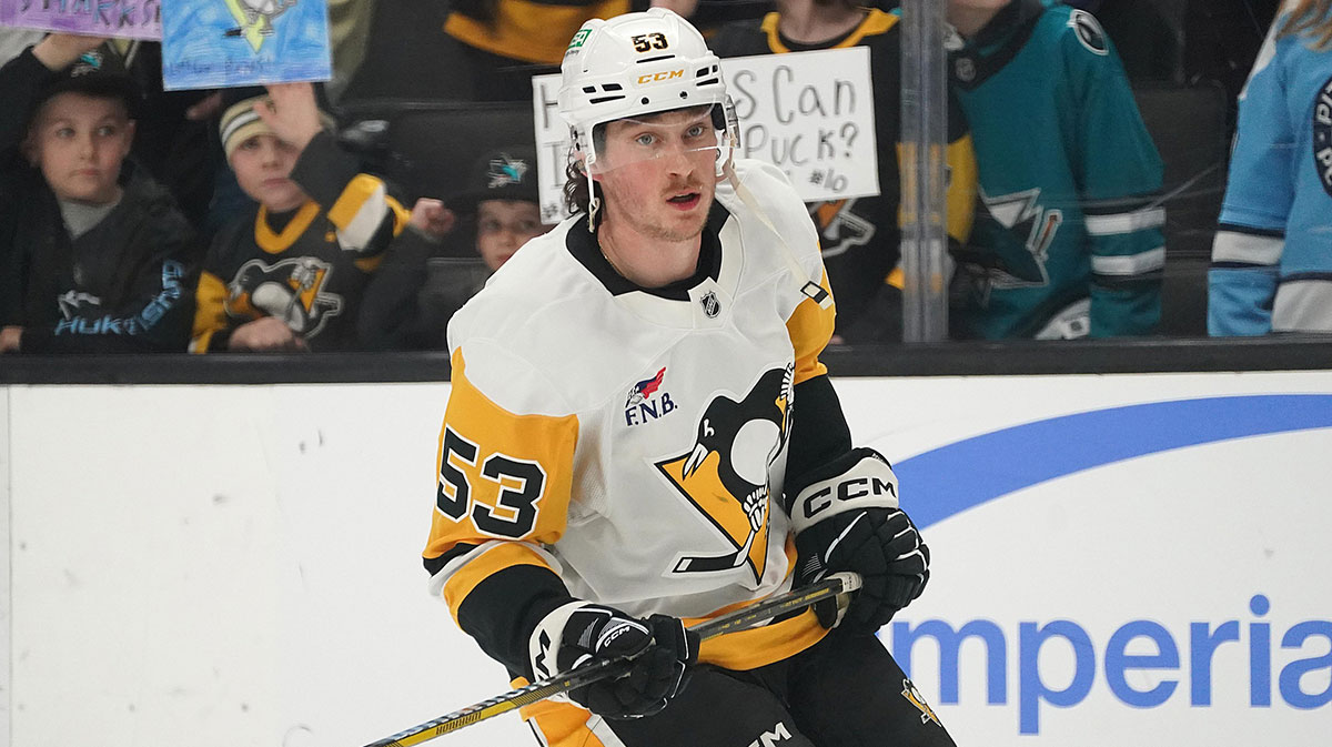 Pittsburgh Penguins center Philip Tomasino (53) warms up before the game against the San Jose Sharks at SAP Center at San Jose.