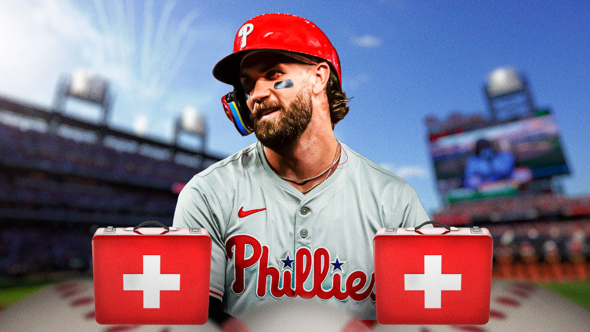 Phillies, Bryce Harper, Bryce Harper injury, Bryce Harper Phillies, Phillies spring training, Bryce Harper with injury first aid kit on graphic, baseball background