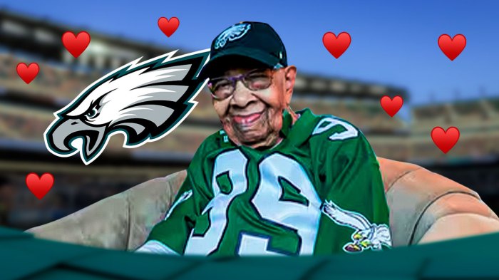 102-year-old Eagles fan Eloise Brown in the center, with the Philadelphia Eagles logo in the background and heart emojis all around.