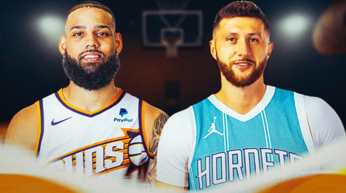 Cody Martin in a Suns jersey, Jusuf Nurkic in a Hornets jersey.