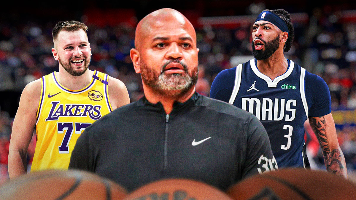 Pistons head coach JB Bickerstaff behind Lakers All-Star Luka Doncic and Mavericks center Anthony Davis