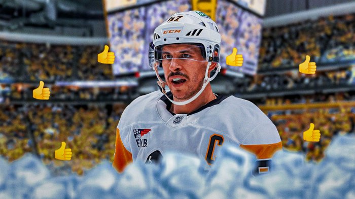 Sidney Crosby surrounded by thumbs up emojis