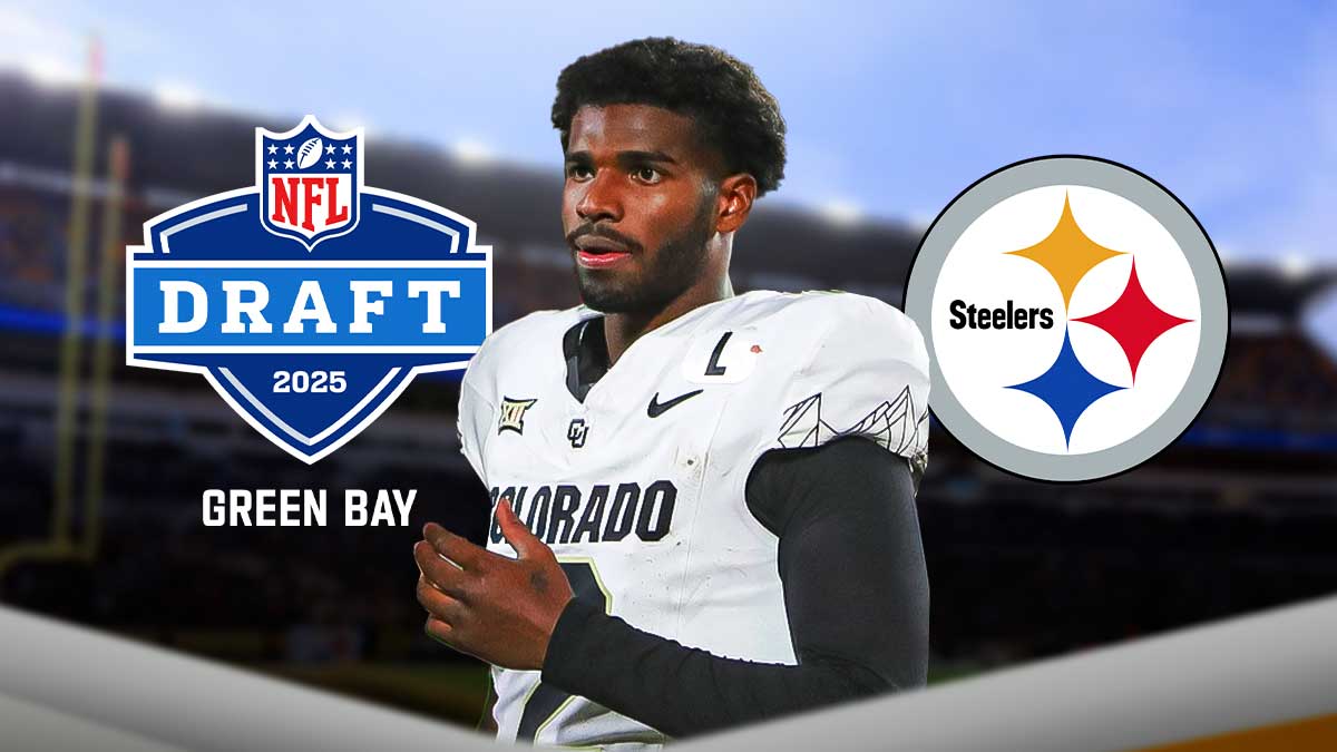 Colorado's Shedeur Sanders with 2025 NFL Draft logo and Steelers logo