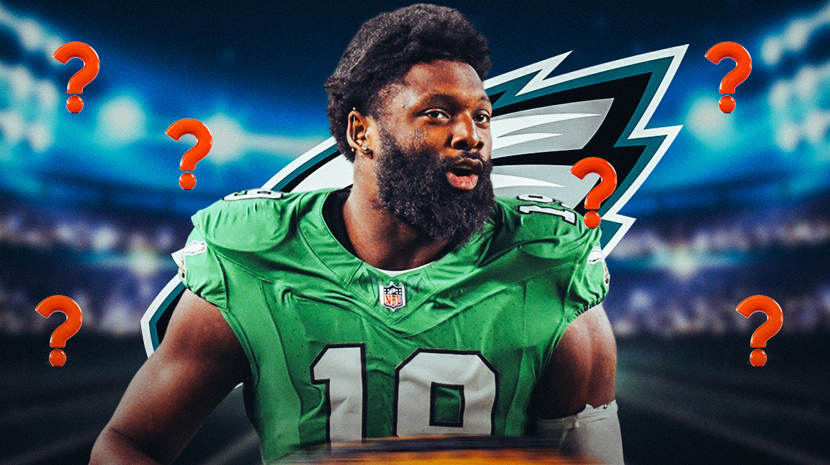 Eagles edge rusher Josh Sweat surrounded by question mark emojis. There is also a logo for the Philadelphia Eagles.