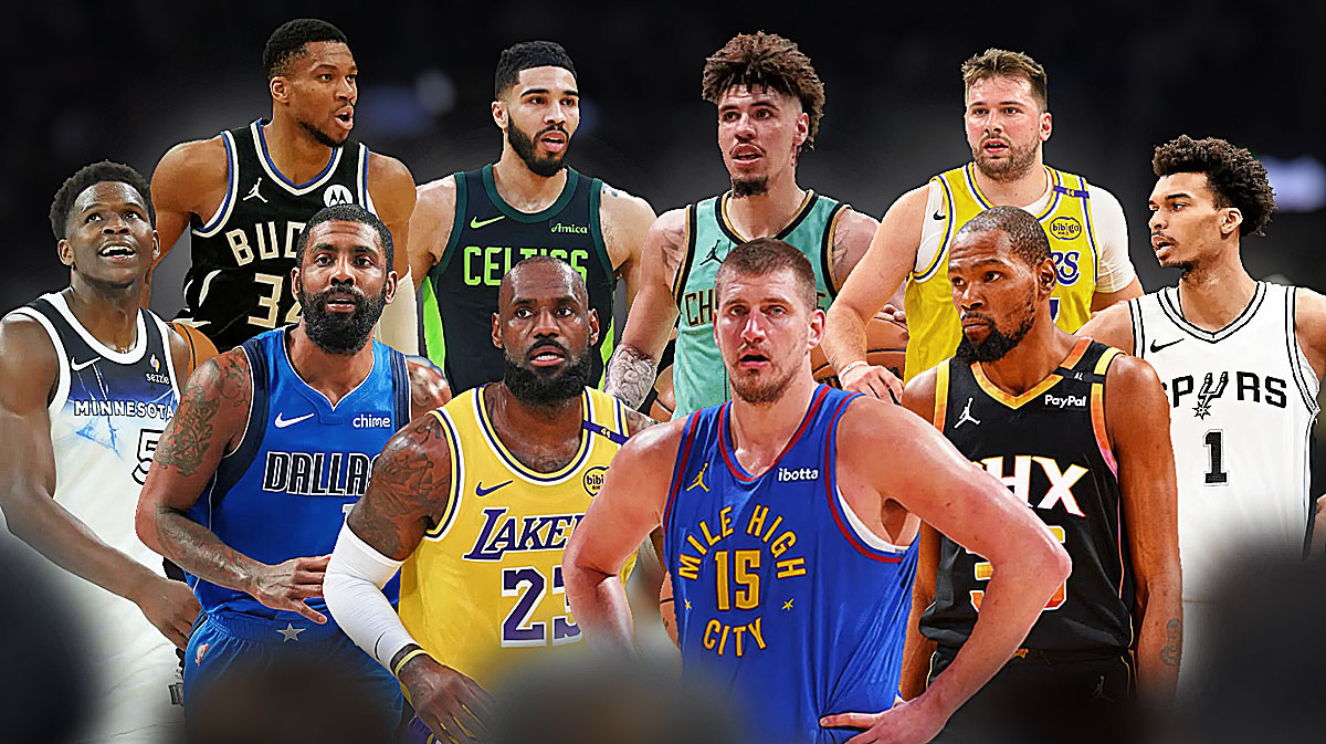 LeBron James, Nikola Jokic, Kyrie Irving, Kevin Durant, Anthony Edwards, Victor Wembanyama, Giannis Antetokounmpo, Luka Doncic, Jayson Tatum, LaMelo Ball all together.