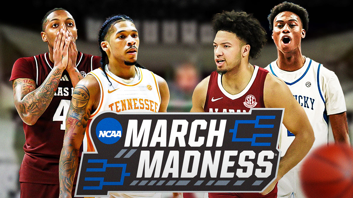 NCAA Tournament Bracketology Projections featuring Wade Taylor IV (Texas A&M), Zakai Zeigler (Tennessee), Mark Sears (Alabama), and Jaxson Robinson (Kentucky)