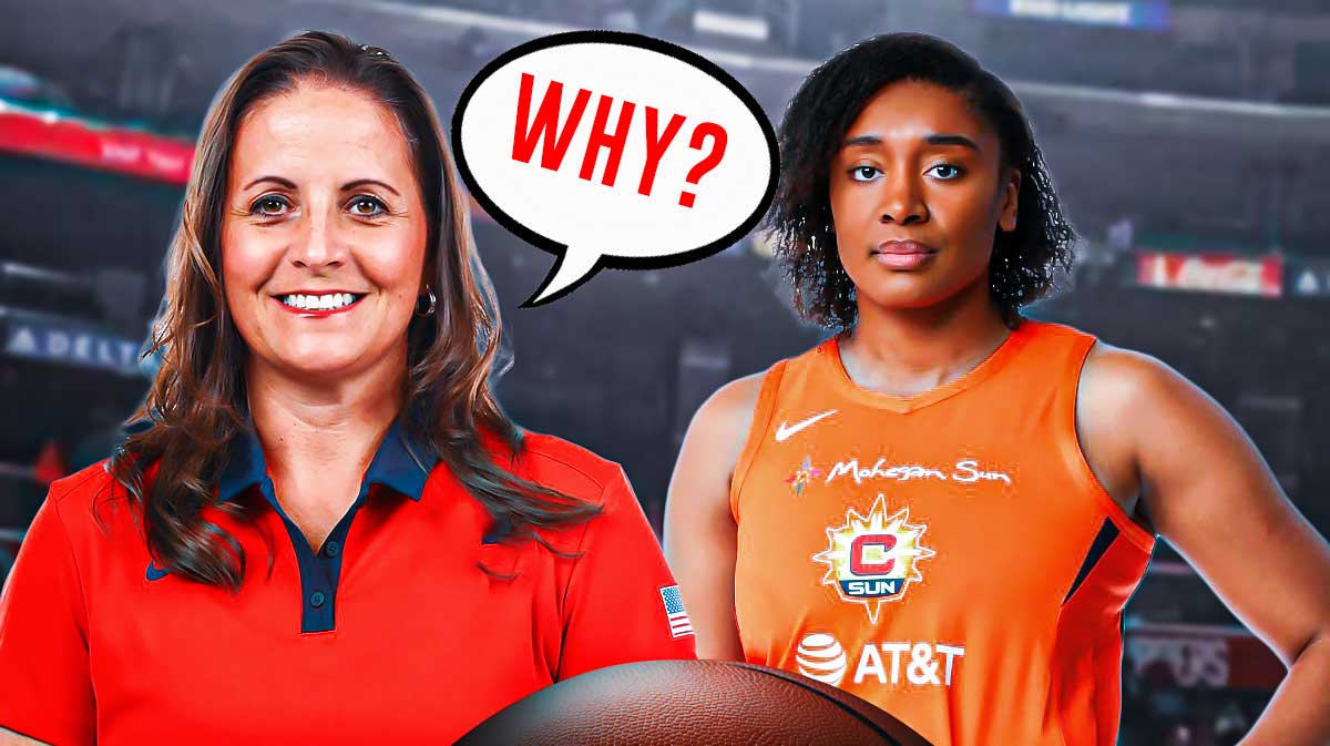 Connecticut Sun president Jennifer Rizzotti with a thought bubble that says "Why?" and general manager Morgan Tuck standing next to her, with the Sun's home arena in the background.