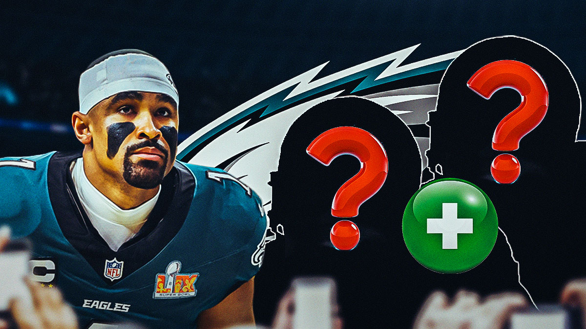 Philadelphia Eagles QB Jalen Hurts next to a silhouette of an American football player with a big question mark emoji inside. The silhouette also has a green injury symbol. There is also a logo for the Philadelphia Eagles.