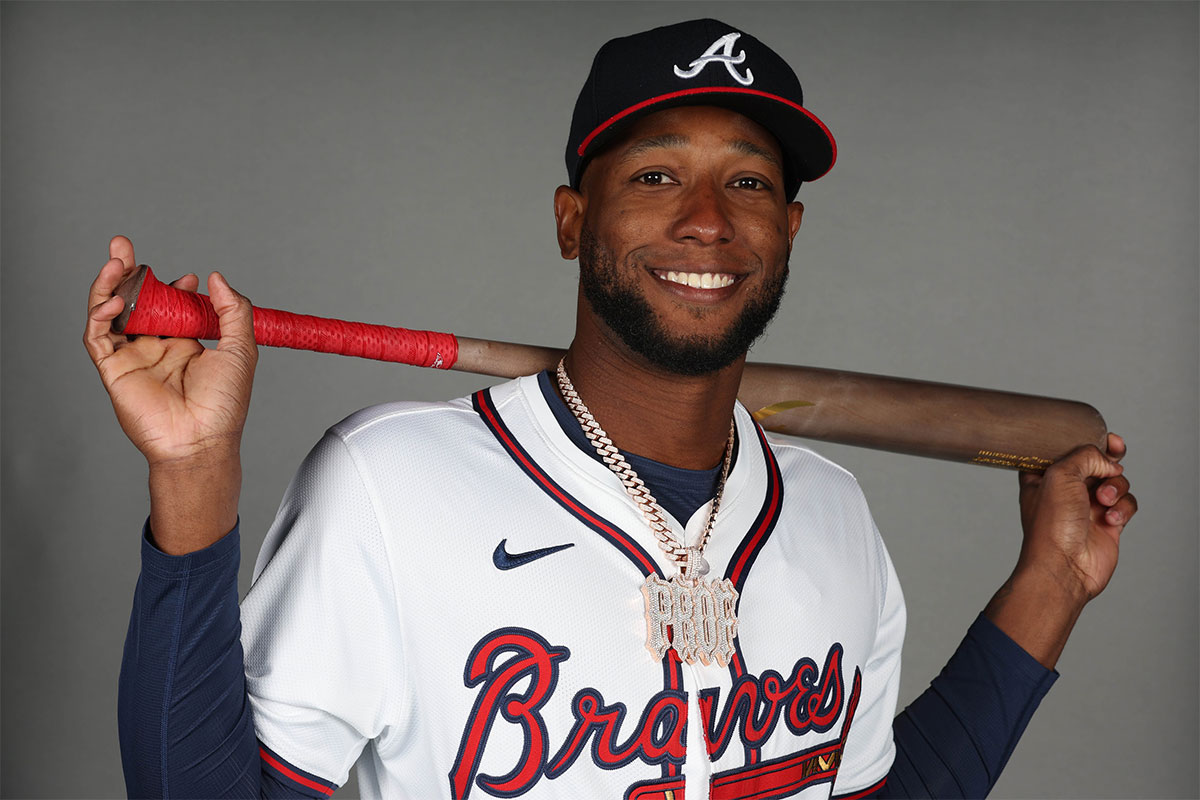 Atlanta Braves outfielder Jurickson Profar (7) takes photos during media day CoolToday Park.