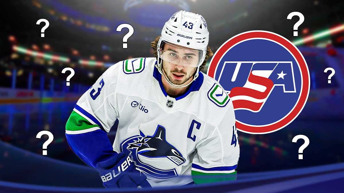 Canucks' Quinn Hughes next to Team USA hockey logo with question marks around him