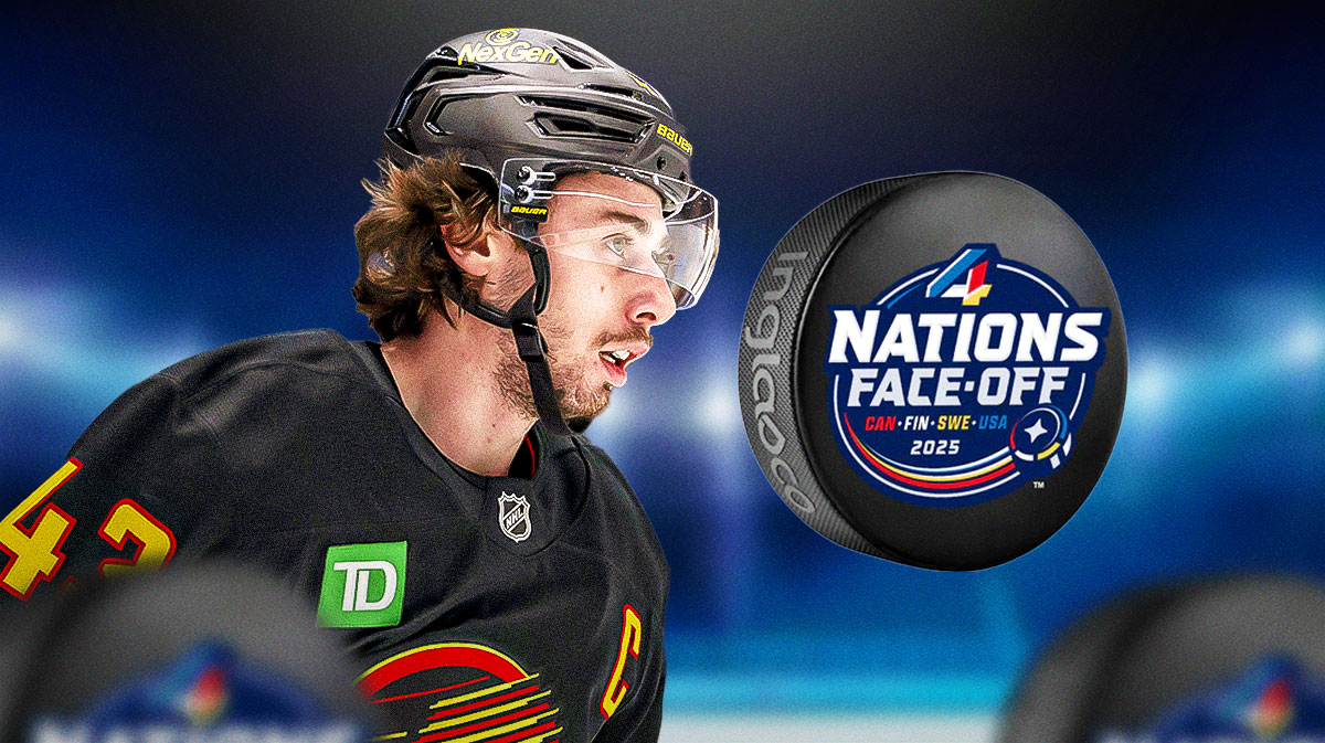 Quinn Hughes looking stern, 4 Nations Face-Off logo, hockey rink in background