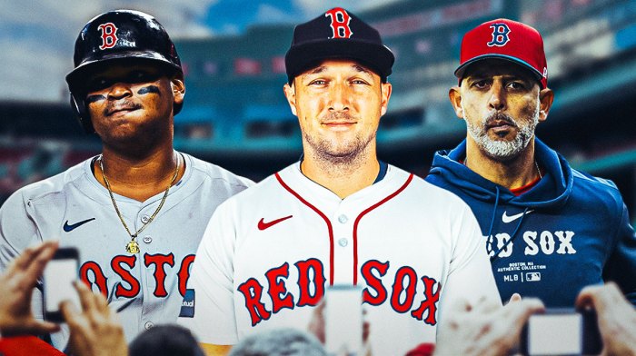 Rafael Devers, Alex Bregman in a Red Sox uniform, Alex Cora. Fenway Park in the background.