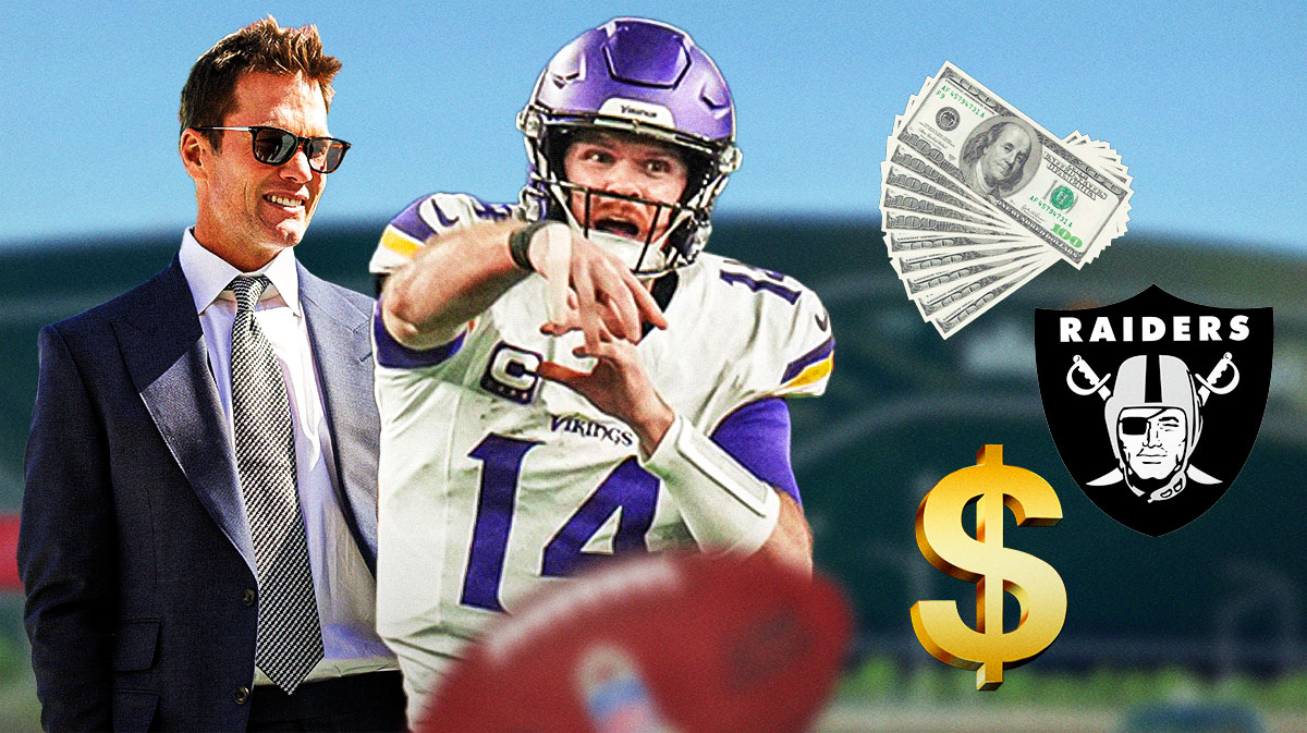 Quarterback Sam Darnold passing the football in center, Las Vegas Raiders minority owner Tom Brady on left side, dollar bills and dollar signs on right side with the Las Vegas Raiders logo, Allegiant Stadium (home stadium of the Las Vegas Raiders) in background