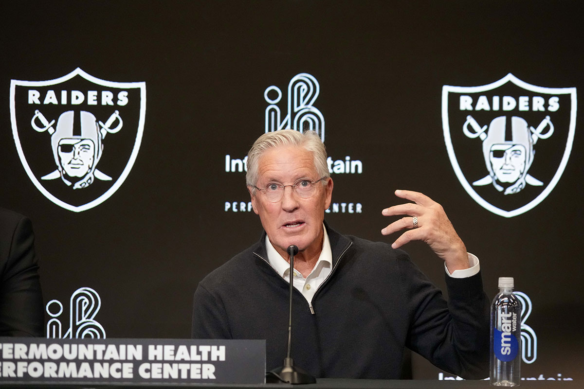 Las Vegas Raiders coach Pete Carroll at press conference at Intermountain Health Performance Center. 