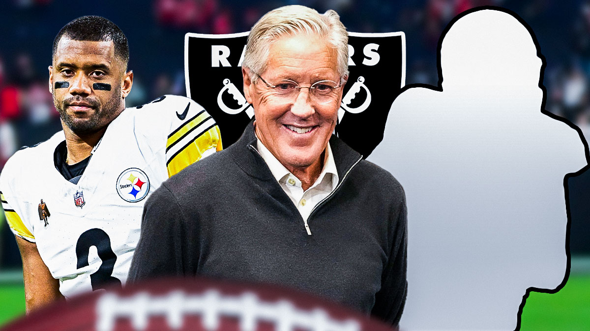 Raiders coach Pete Carroll, Russell Wilson in a Pittsburgh Steelers uniform and the silhouette of Sam Darnold with Las Vegas Raiders logo in background.