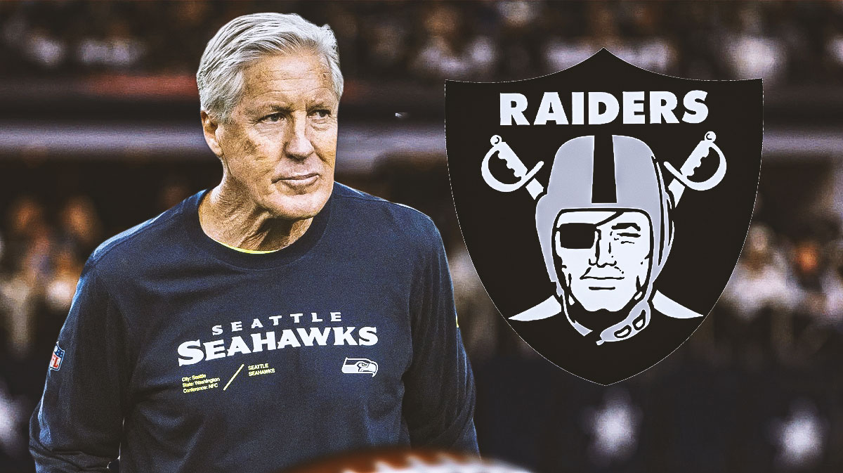 Pete Carroll Raiders logo in the background.