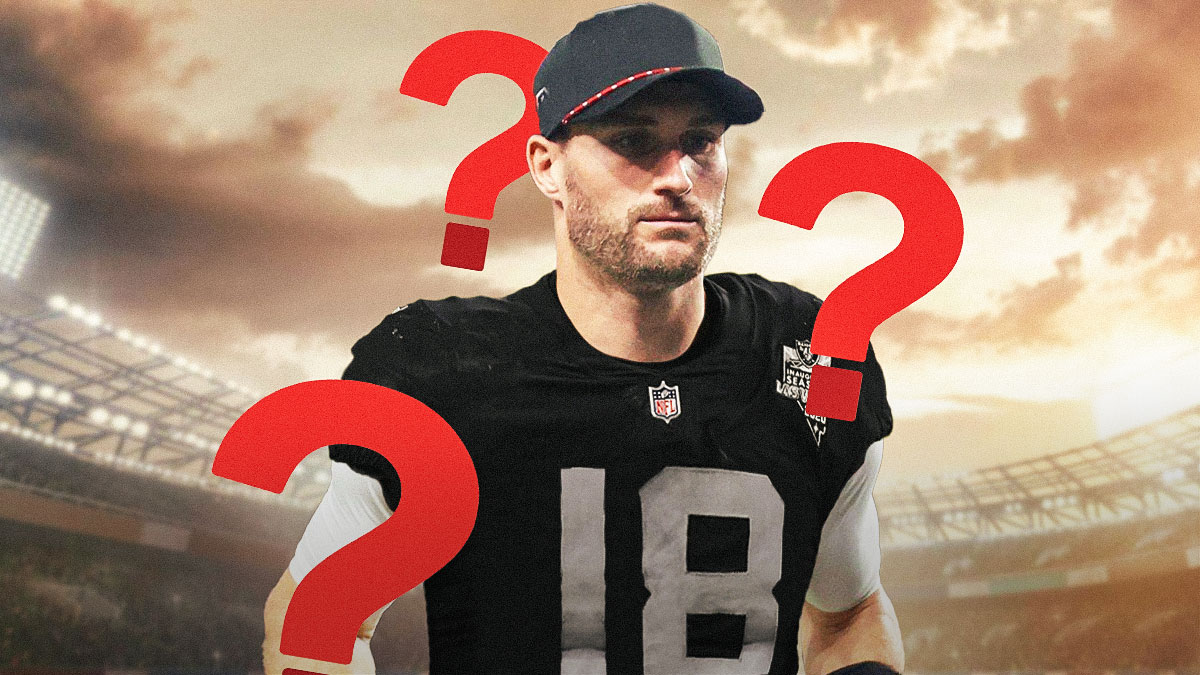Kirk Cousins in a Raiders uniform with question mark emojis around him.