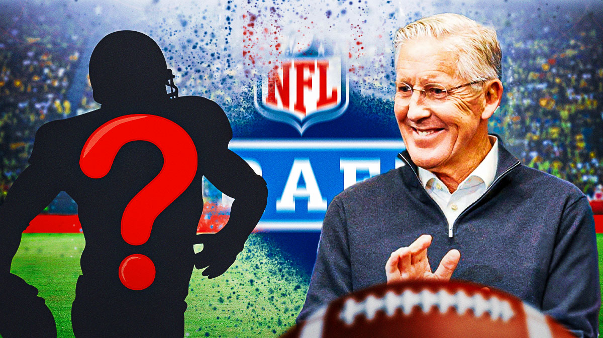 Las Vegas Raiders coach Pete Carroll next to a silhouette with question marks around it. Would also love the NFL Draft logo blowing up.