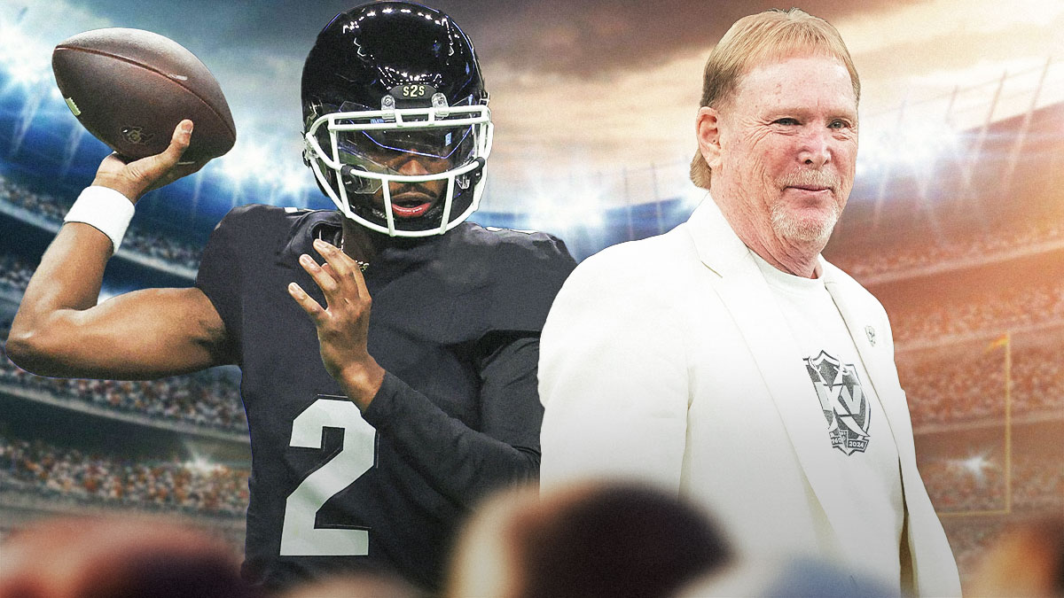 Shedeur Sanders wearing a Raiders uniform next to Mark Davis.