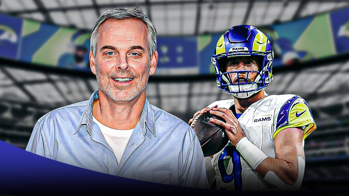 Colin Cowherd next to Matthew Stafford in front of the Rams stadium.