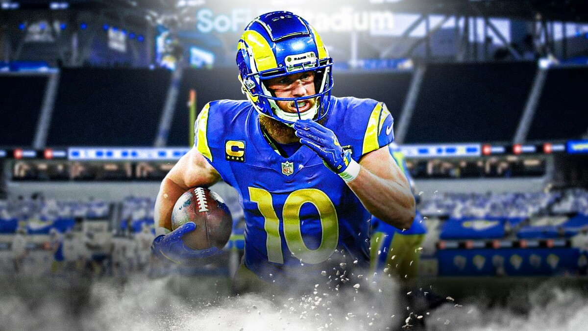 Rams, Cooper Kupp, Cooper Kupp trade, Cooper Kupp Rams, Rams trade, Cooper Kupp with Rams stadium in the background