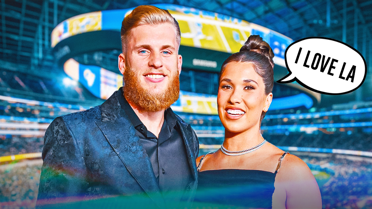 Anna Marie Kupp with a text bubble reading "I love LA" next to Cooper Kupp in front of the Rams stadium.