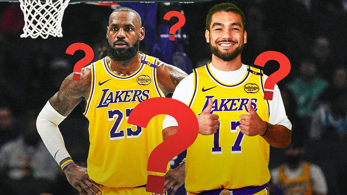 Rams WR Puka Nacua in a Lakers jersey #17 standing next to Lakers' LeBron James. Multiple ❓ emojis throughout background. Background is Crypto.com Arena.