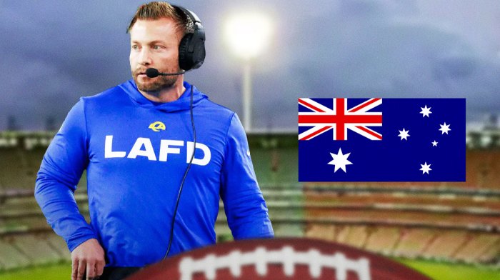 Rams, NFL, NFL Australia, Australia, Rams Australia, Sean McVay smiling with Melbourne Cricket Ground in the background, Australia flag on graphic