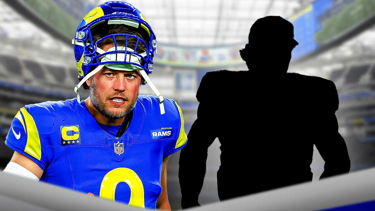 Matthew Stafford next to the blacked-out silhouette of Will Levis in front of the Rams stadium.