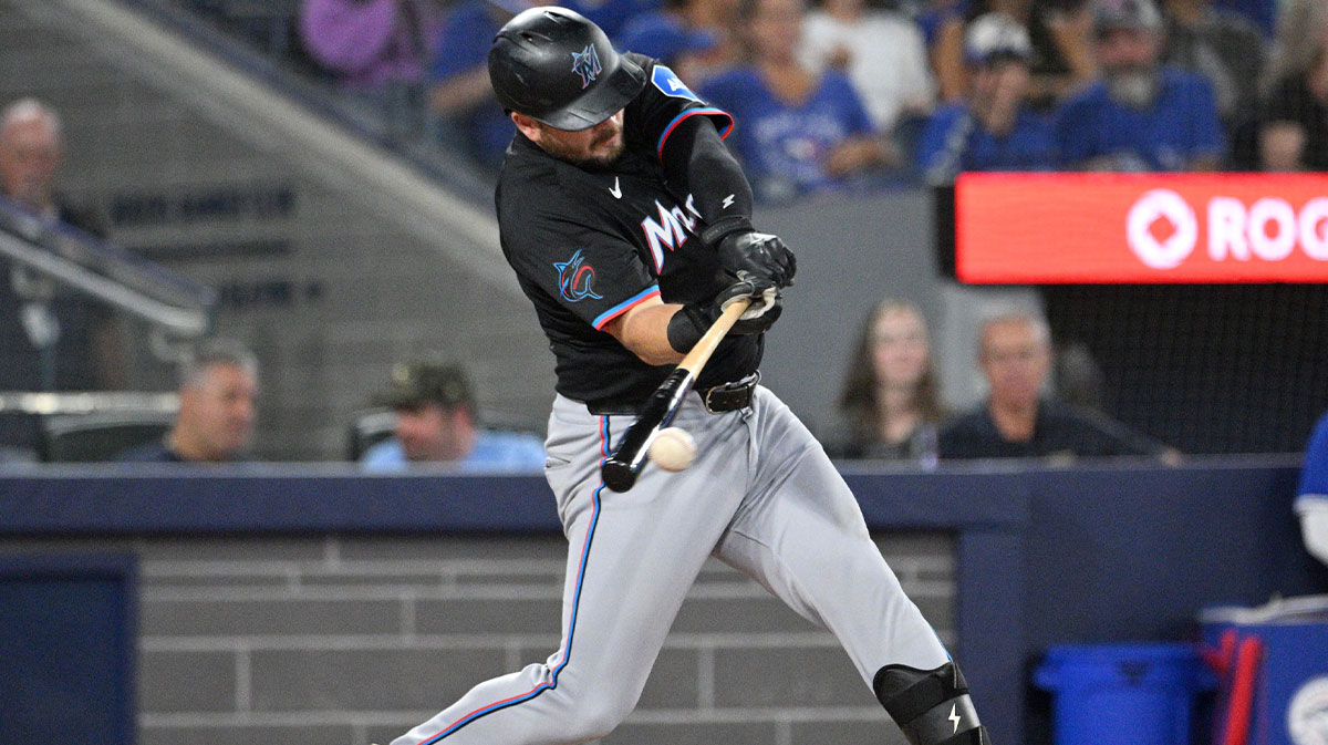 Miami Marlins first baseman Jake Burger (36) hits a single against the Toronto Blue Jays in the sixth inning at Rogers Centre.