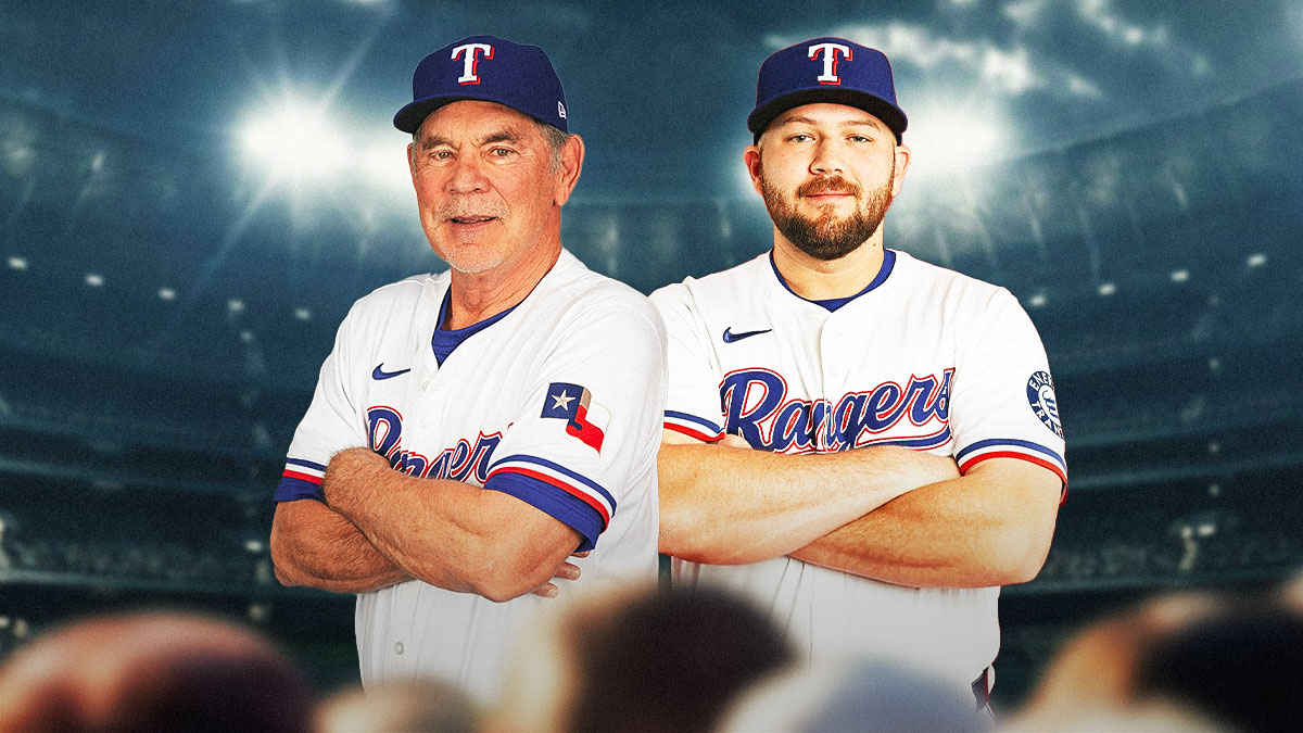 Image of Texas Rangers coach Bruce Bochy smiling next to image of Texas Rangers first baseman Jake Burger smiling