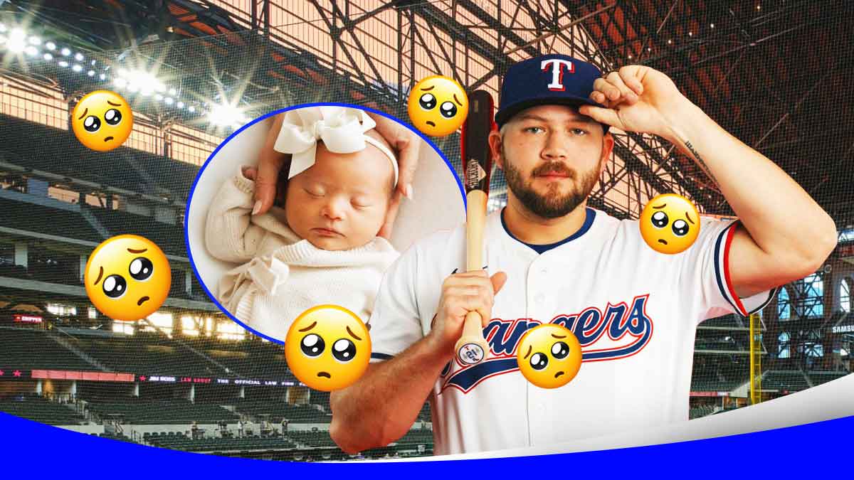 Rangers 1B Jake Burger standing next to his daughter with these emojis 🥹 surrounding them