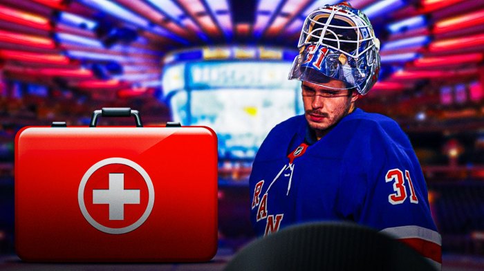 Rangers goalie Igor Shesterkin with a red medical bag inside Madison Square Garden