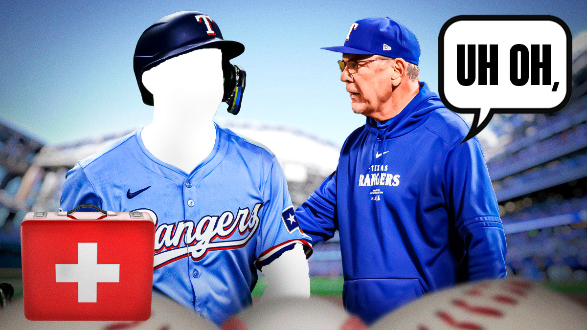 Bruce Bochy on one side with a speech bubble that says "Uh oh," A silhouette of Wyatt Langford with an injury kit in front of him on the other side