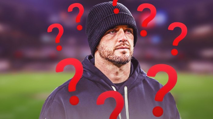 Derek Carr surrounded by questionmarks