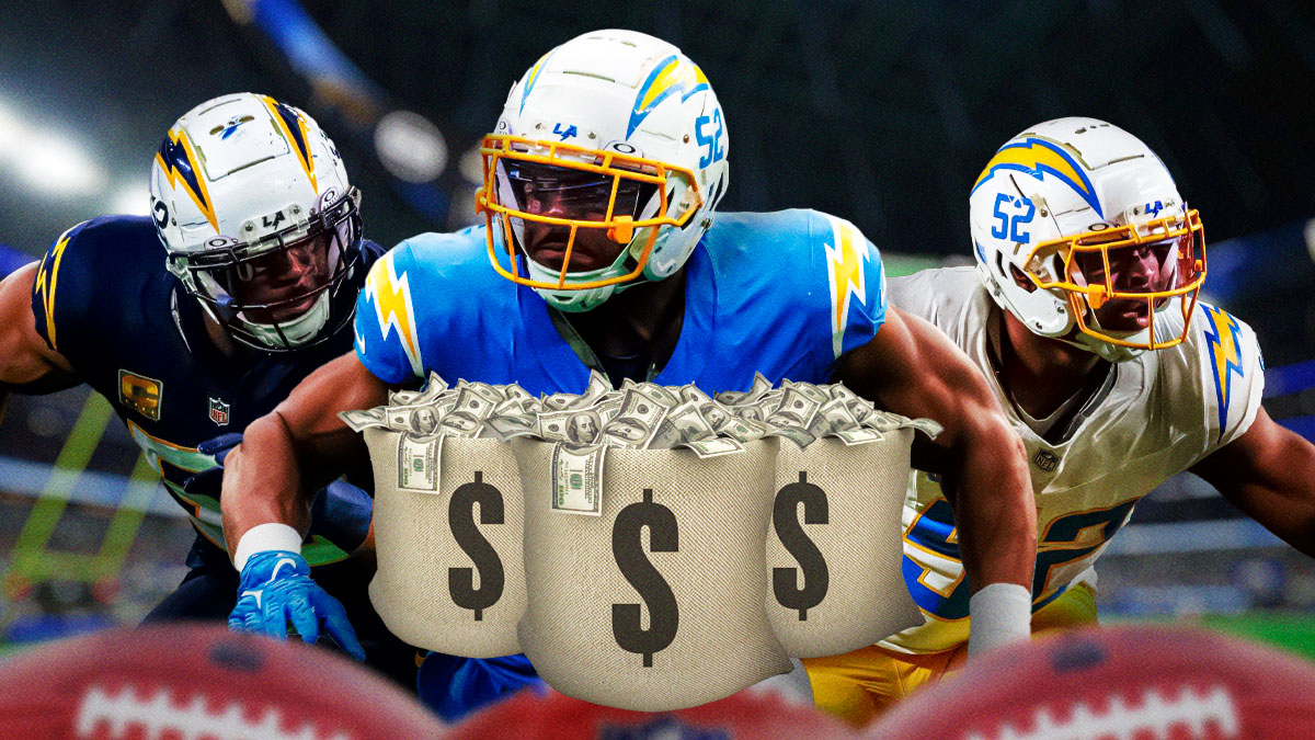 3 photos of Khalil Mack rushing the passer and a bag of money to represent NFL Free Agency